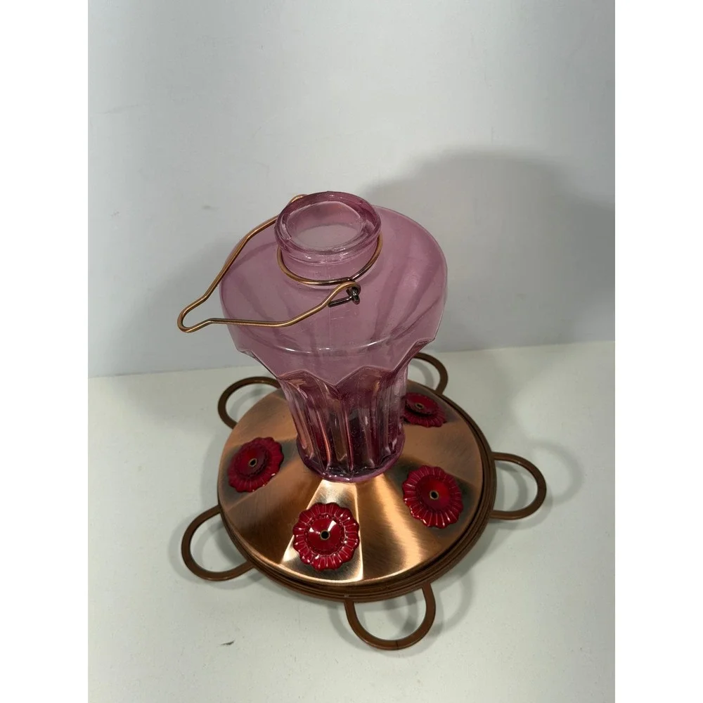 Vintage Style Amethyst Purple Glass Hummingbird Feeder Copper Metal Base 8.5